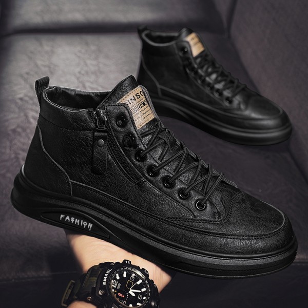 High Top Men's Shoes Autumn British Style Casual Leather Shoes Men's Black Medium Top Board Shoes Winter Waterproof Martin Boots Trend