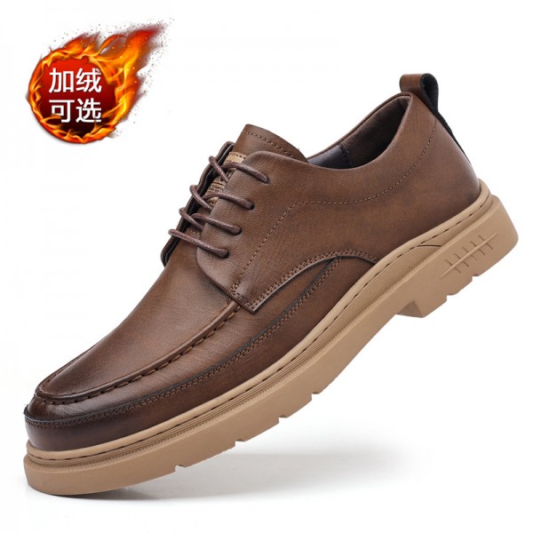  Autumn/Winter New Men's Business And Casual Leather Shoes British Style Retro Simple Lacing With Velvet For Warmth And Increased Height Inside